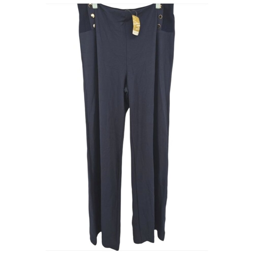 NWT Suzanne Betro Navy Button-Accent High-Waist Wide-Leg Pants 3X - Picture 4 of 9